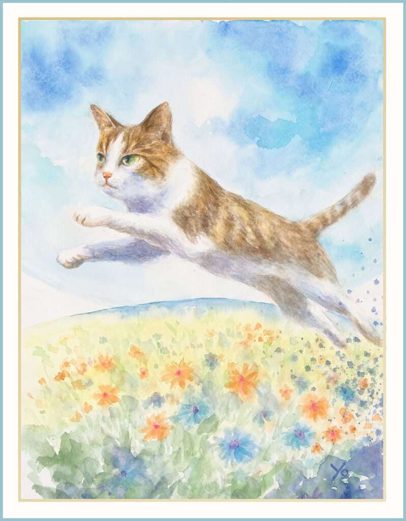 二階堂美子　水彩画  猫
飛ぶ　CAT