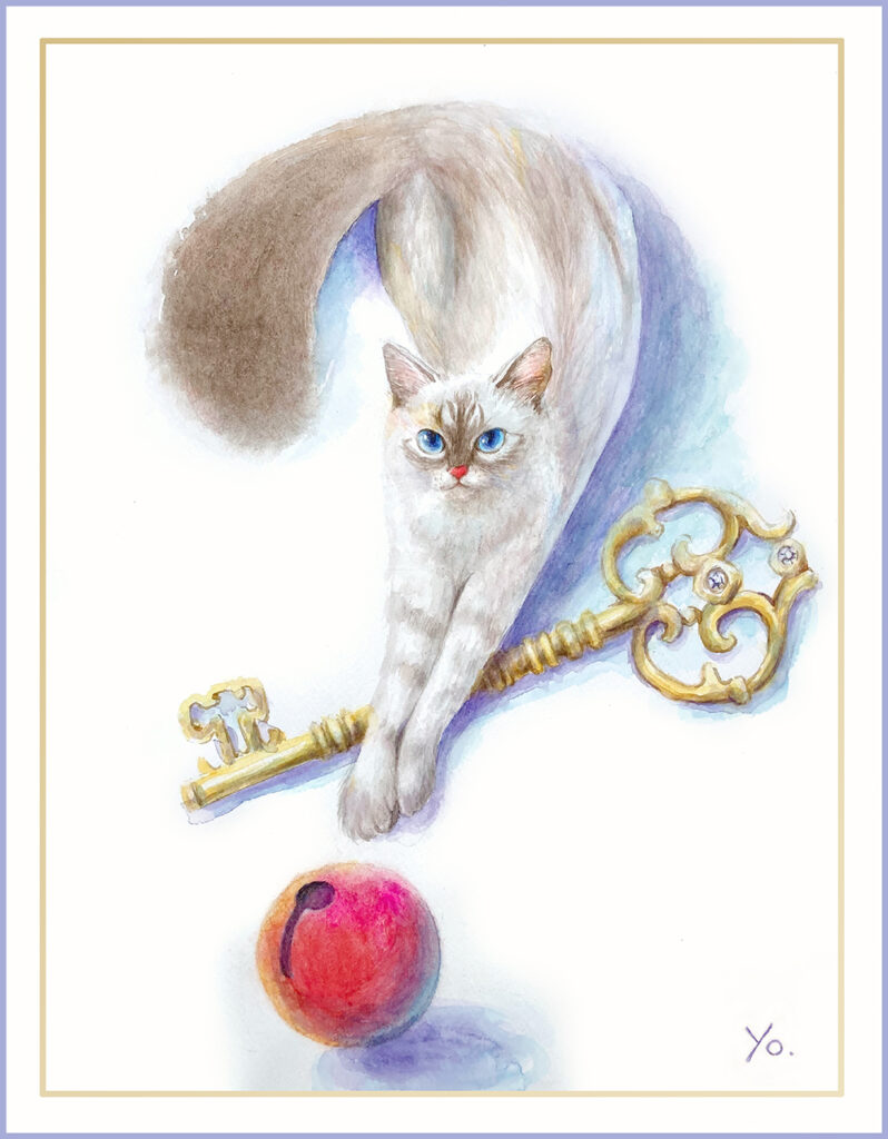 二階堂美子　水彩画  猫
クエスチョン、不思議、鍵、玉、CAT